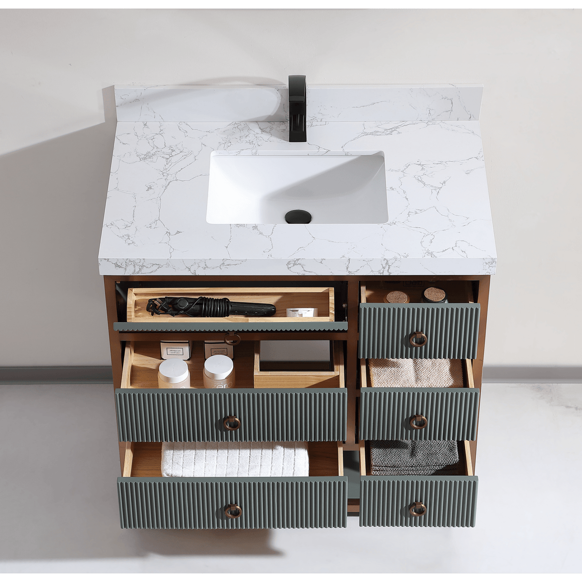 Legion Furniture 36" Vanity With Golden Brush Stainless Steel Frame And Pewter Green Finish With 2" Thick White Artificial Stone Countertop – – –