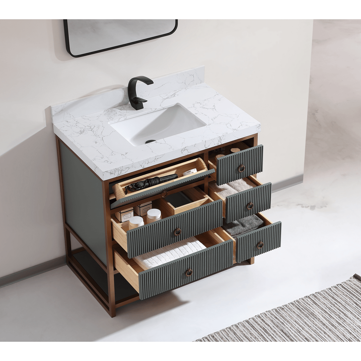 Legion Furniture 36" Vanity With Golden Brush Stainless Steel Frame And Pewter Green Finish With 2" Thick White Artificial Stone Countertop – – –