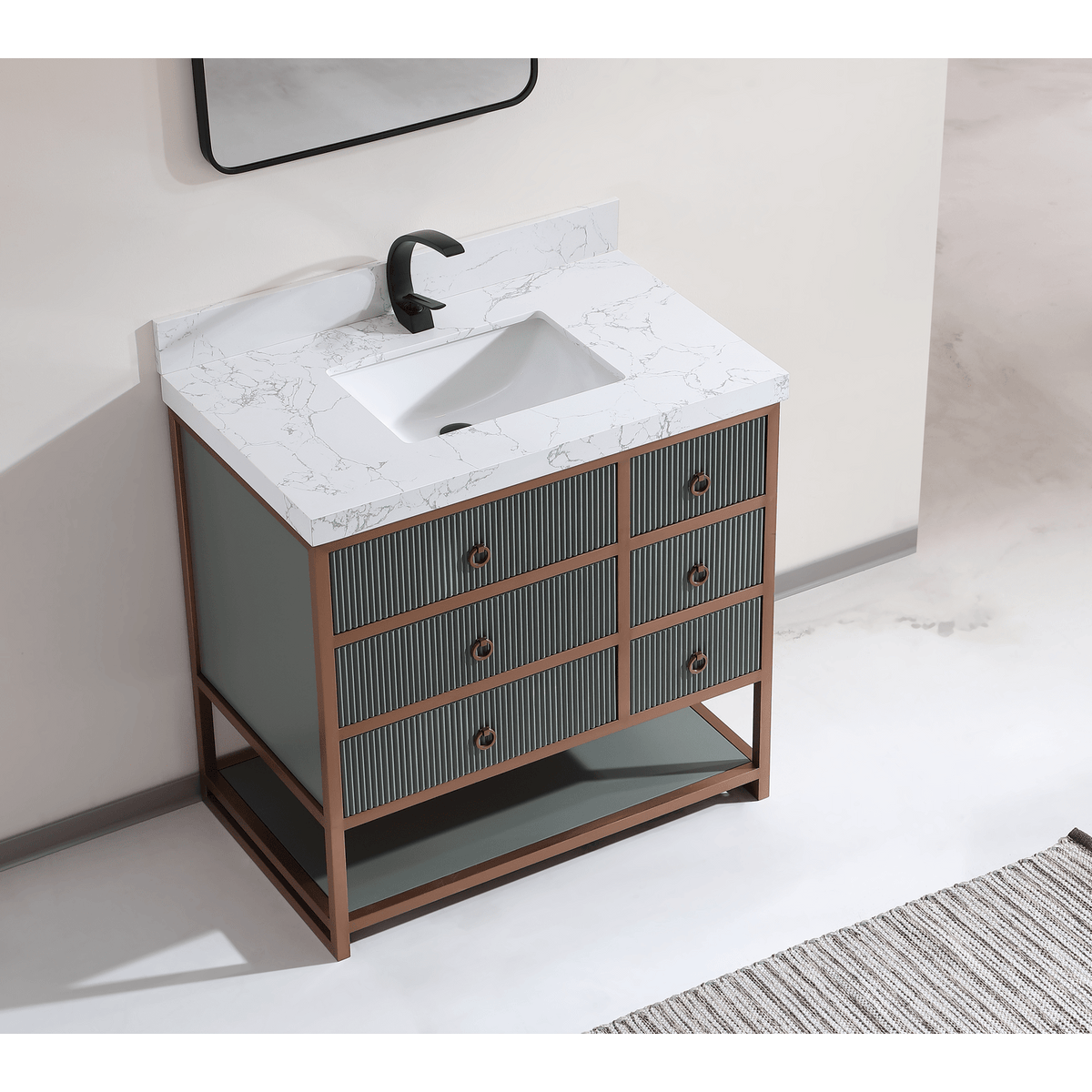 Legion Furniture 36" Vanity With Golden Brush Stainless Steel Frame And Pewter Green Finish With 2" Thick White Artificial Stone Countertop – – –