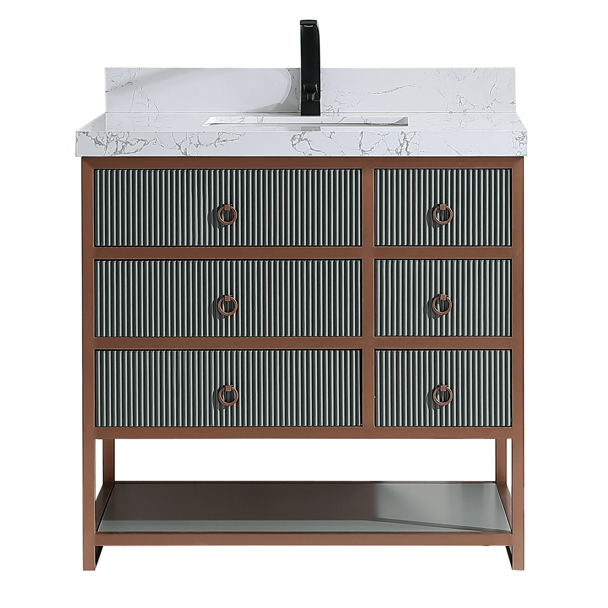 Legion Furniture 36" Vanity With Golden Brush Stainless Steel Frame And Pewter Green Finish With 2" Thick White Artificial Stone Countertop – – –