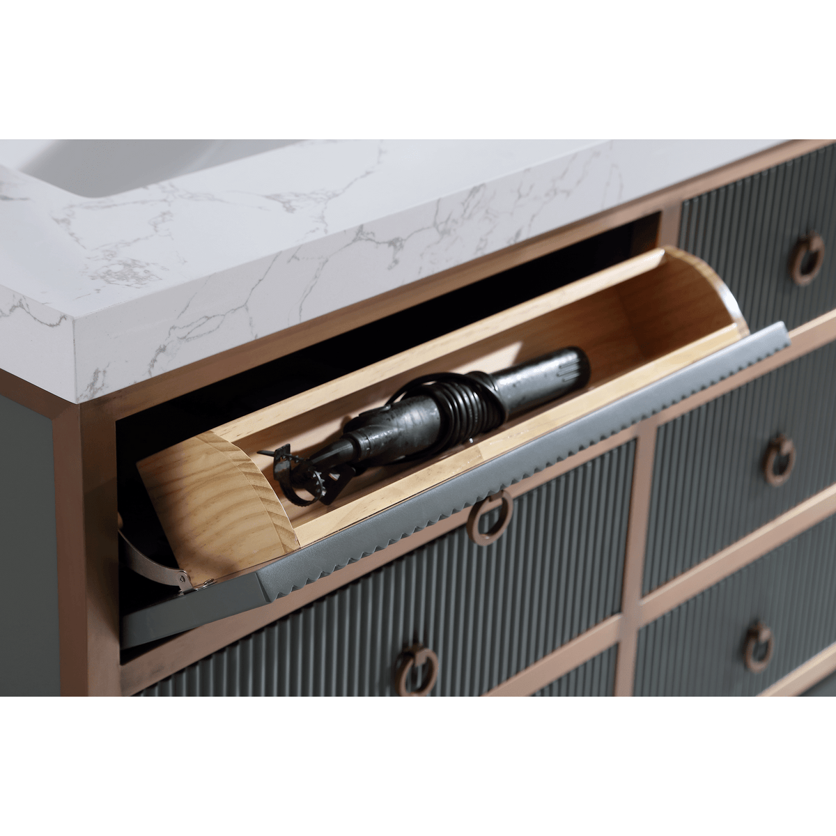 Legion Furniture 36" Vanity With Golden Brush Stainless Steel Frame And Pewter Green Finish With 2" Thick White Artificial Stone Countertop – – –