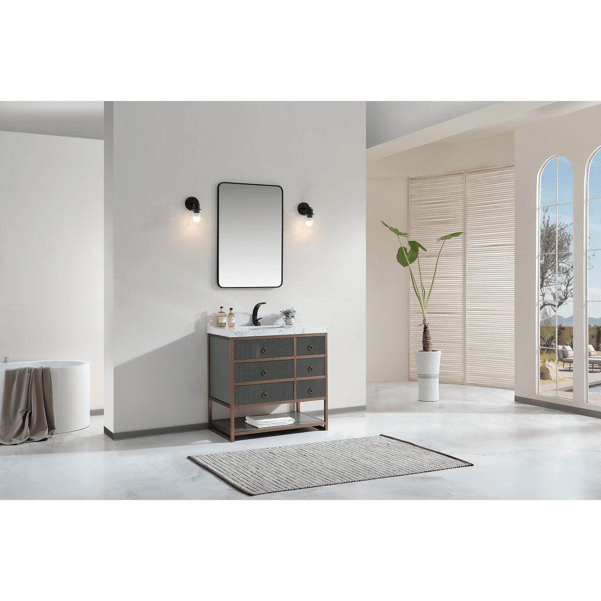 Legion Furniture 36" Vanity With Golden Brush Stainless Steel Frame And Pewter Green Finish With 2" Thick White Artificial Stone Countertop – – –