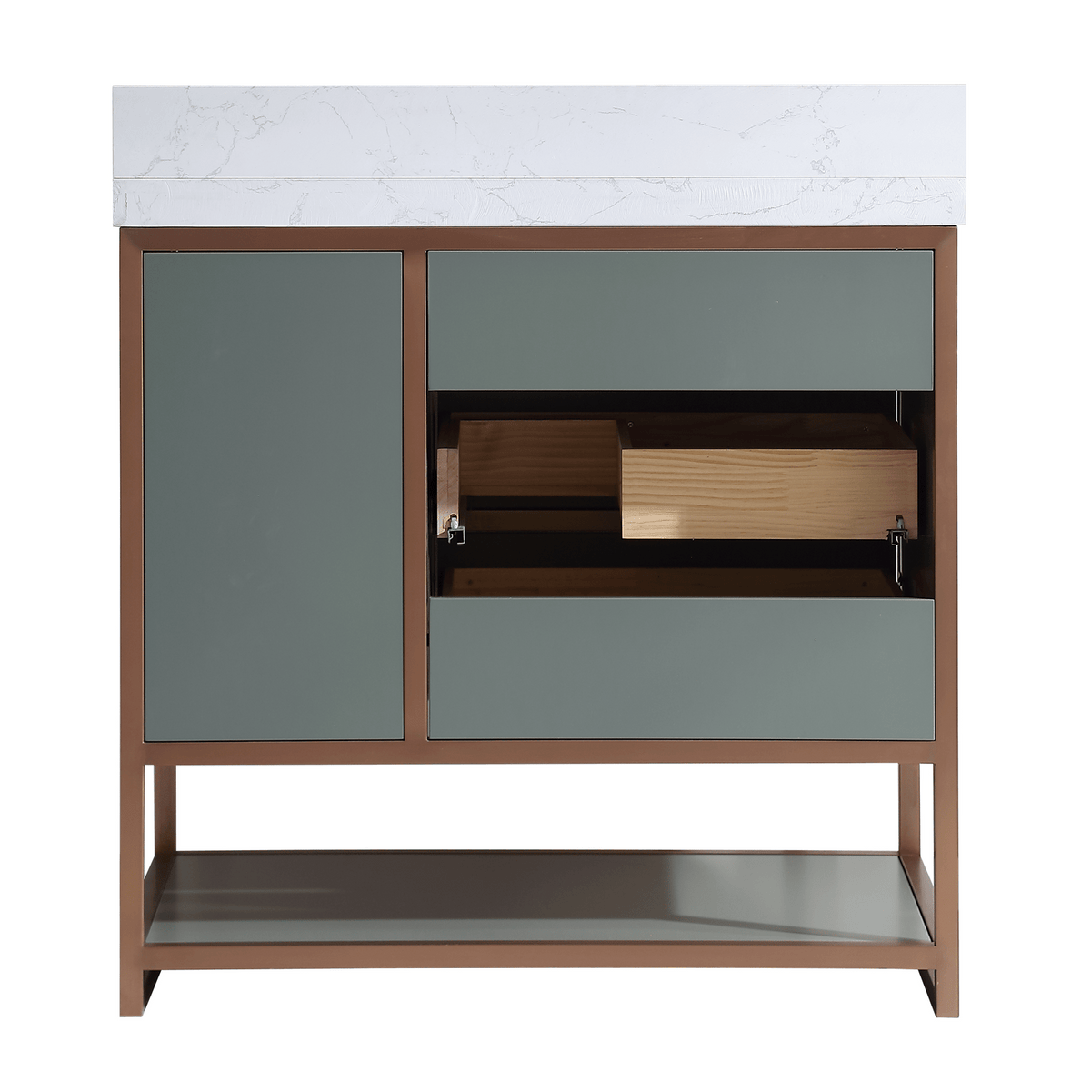 Legion Furniture 36" Vanity With Golden Brush Stainless Steel Frame And Pewter Green Finish With 2" Thick White Artificial Stone Countertop – – –