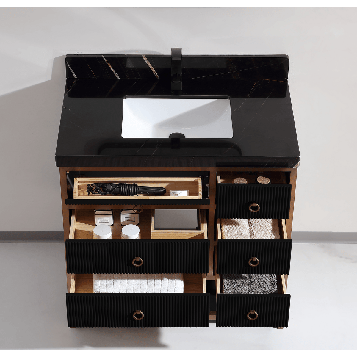 Legion Furniture 36" Vanity with Golden Brush Stainless Steel Frame and Tricorn Black Finish with 2" Thick Black Natural Marble Countertop – – –