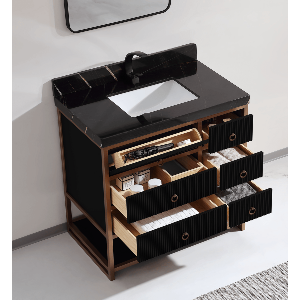 Legion Furniture 36" Vanity with Golden Brush Stainless Steel Frame and Tricorn Black Finish with 2" Thick Black Natural Marble Countertop – – –