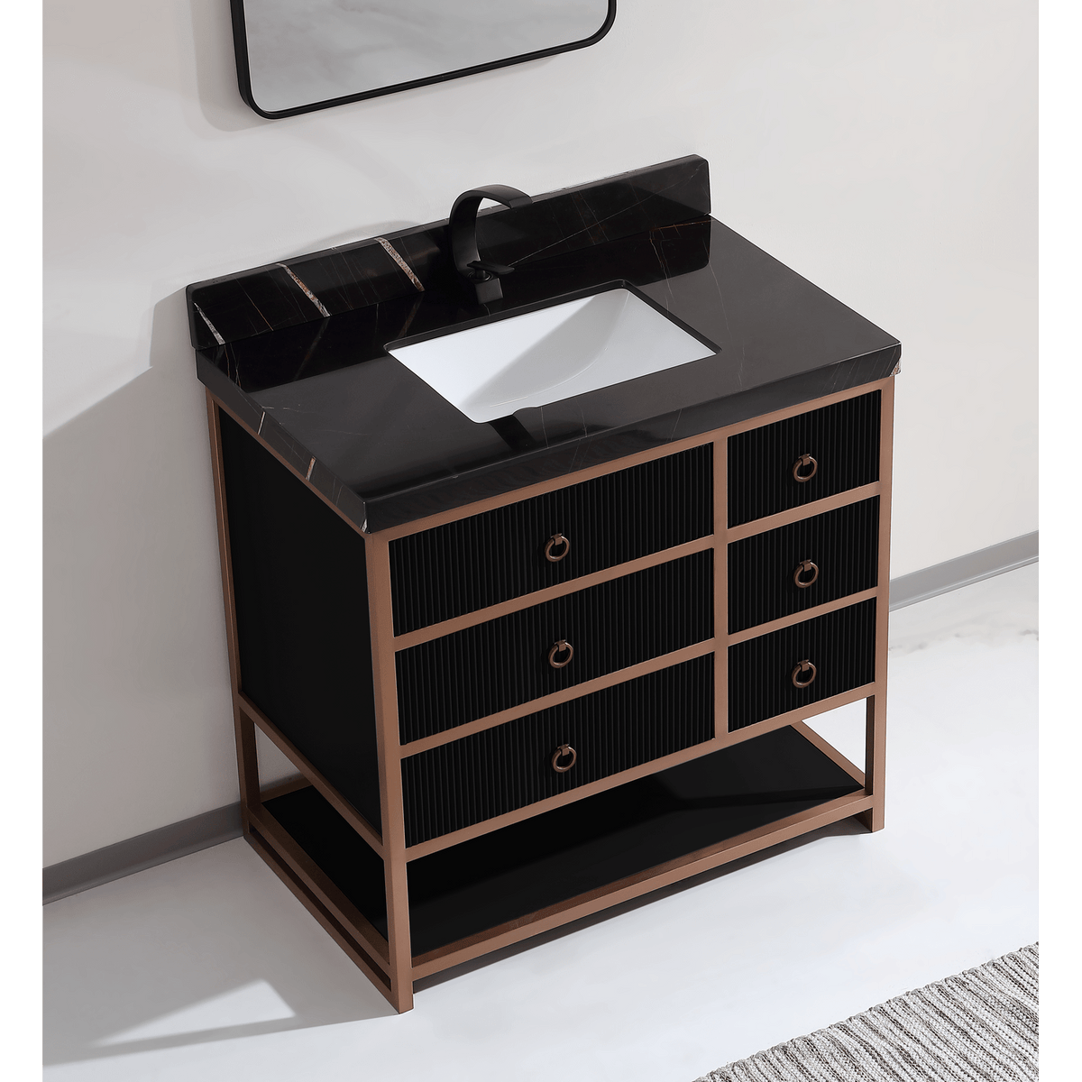 Legion Furniture 36" Vanity with Golden Brush Stainless Steel Frame and Tricorn Black Finish with 2" Thick Black Natural Marble Countertop – – –