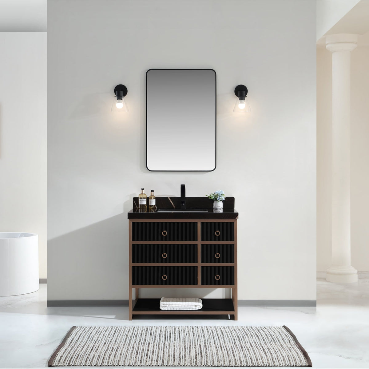 Legion Furniture 36" Vanity with Golden Brush Stainless Steel Frame and Tricorn Black Finish with 2" Thick Black Natural Marble Countertop – – –