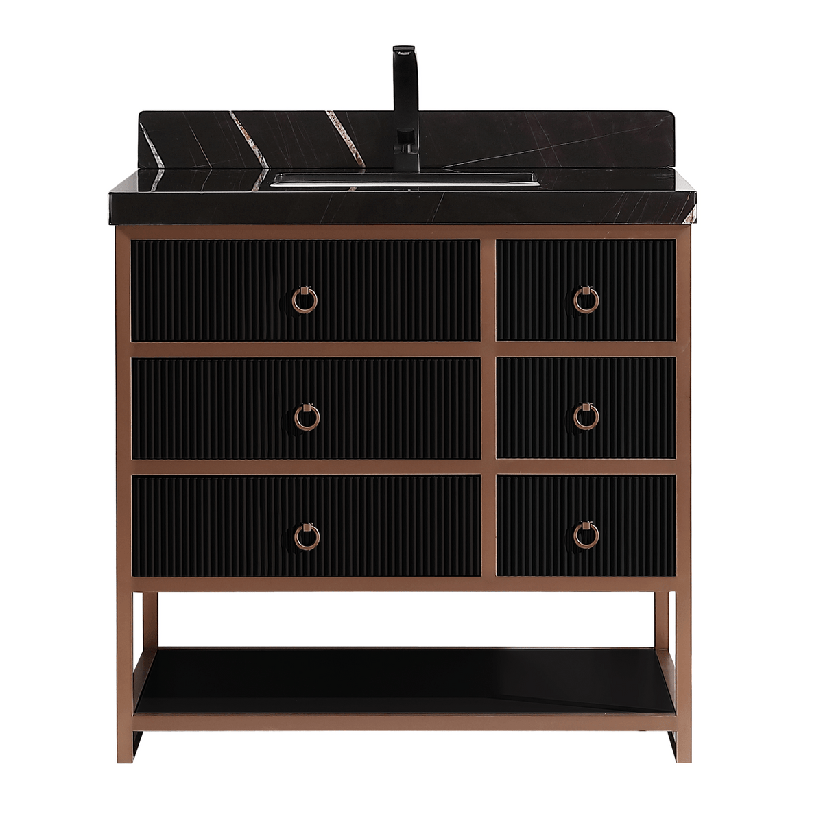 Legion Furniture 36" Vanity with Golden Brush Stainless Steel Frame and Tricorn Black Finish with 2" Thick Black Natural Marble Countertop – – –