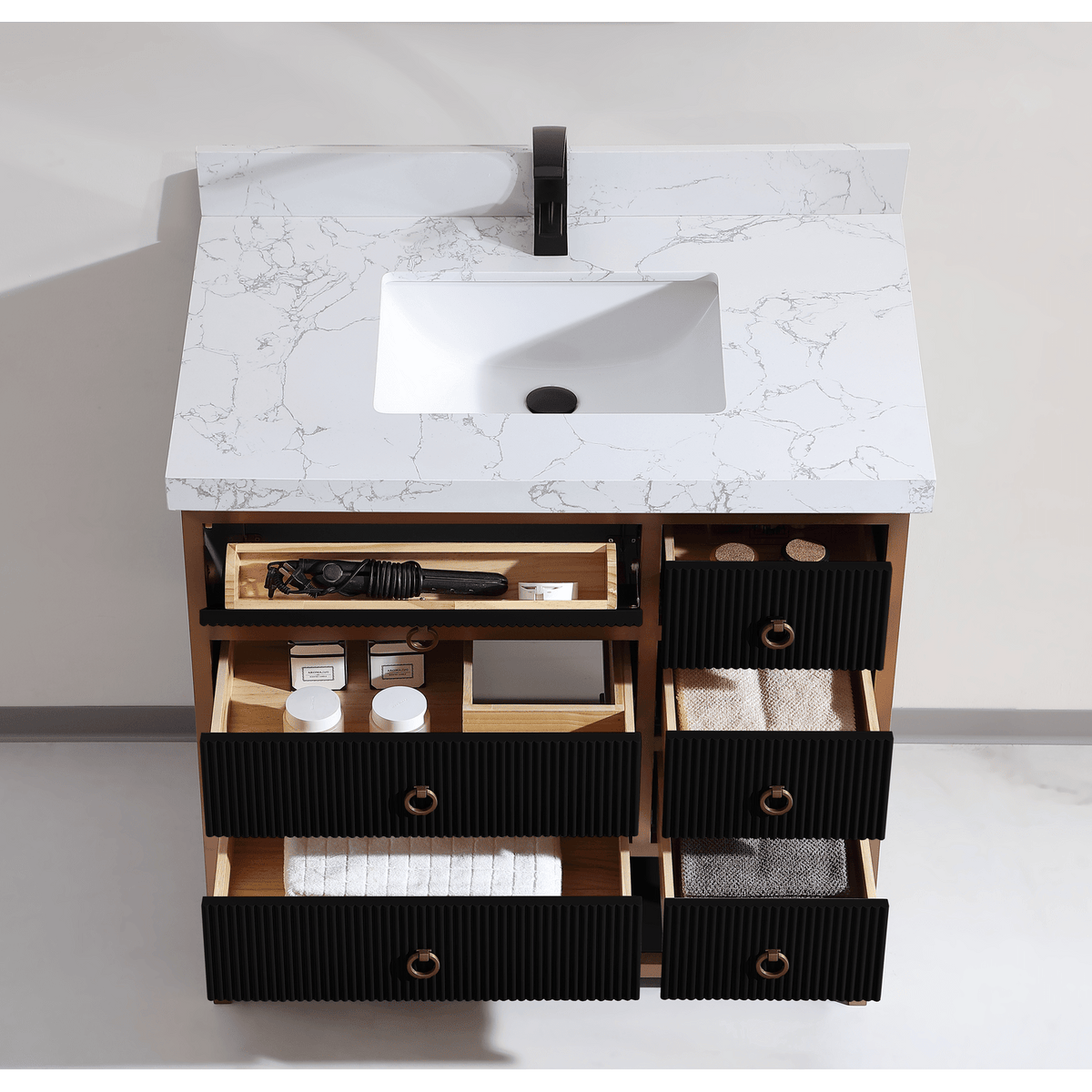 Legion Furniture 36" Vanity with Golden Brush Stainless Steel Frame and Tricorn Black Finish with 2" Thick White Artificial Stone Countertop – – –