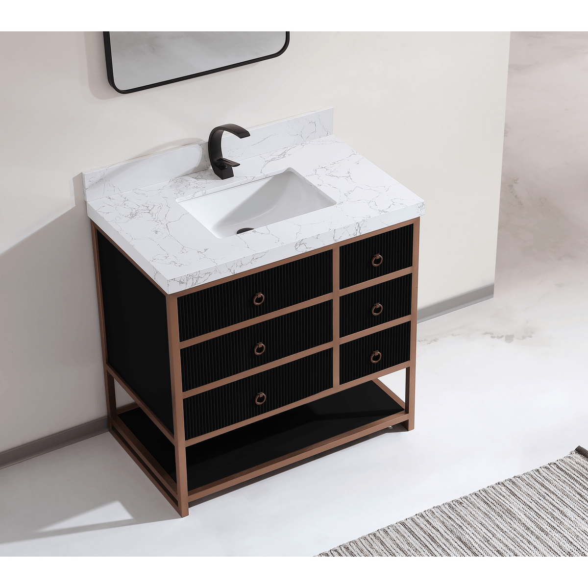 Legion Furniture 36" Vanity with Golden Brush Stainless Steel Frame and Tricorn Black Finish with 2" Thick White Artificial Stone Countertop – – –