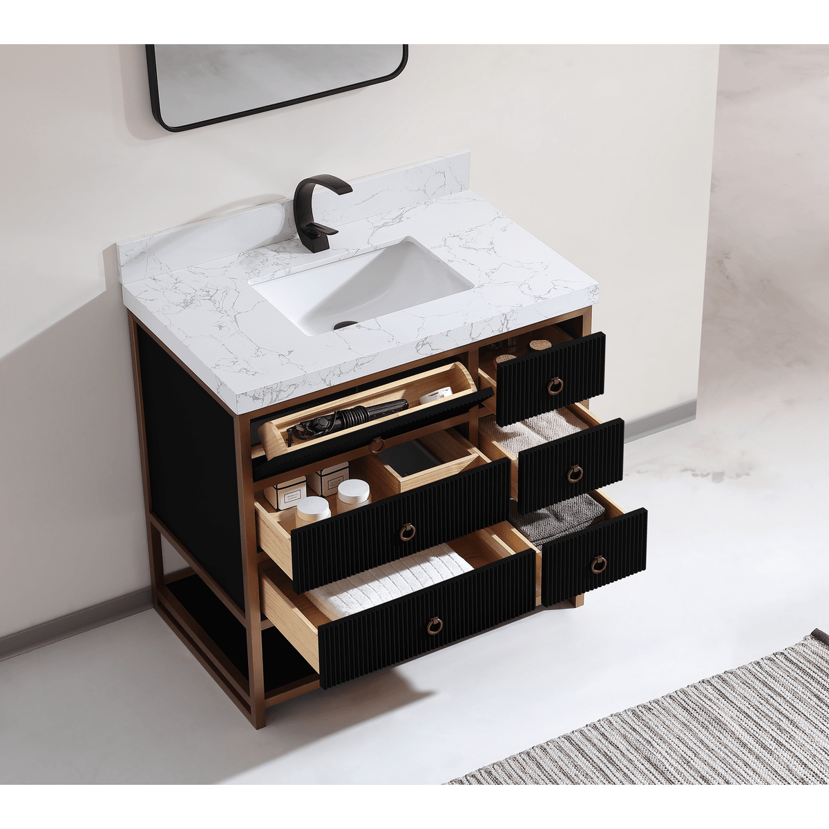 Legion Furniture 36" Vanity with Golden Brush Stainless Steel Frame and Tricorn Black Finish with 2" Thick White Artificial Stone Countertop – – –