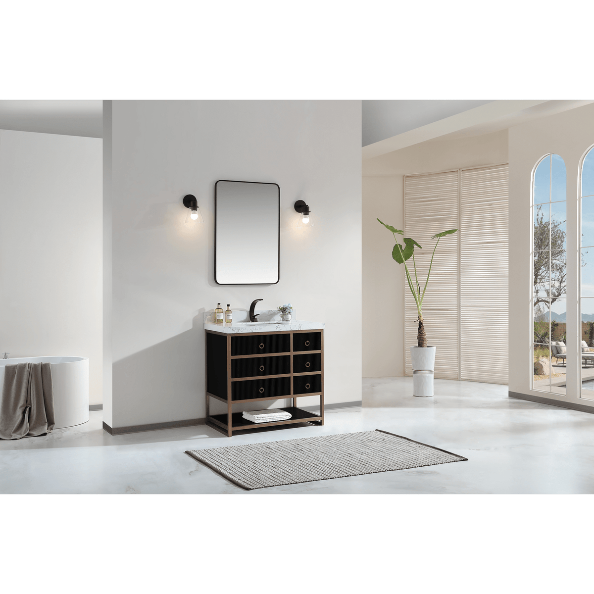 Legion Furniture 36" Vanity with Golden Brush Stainless Steel Frame and Tricorn Black Finish with 2" Thick White Artificial Stone Countertop – – –