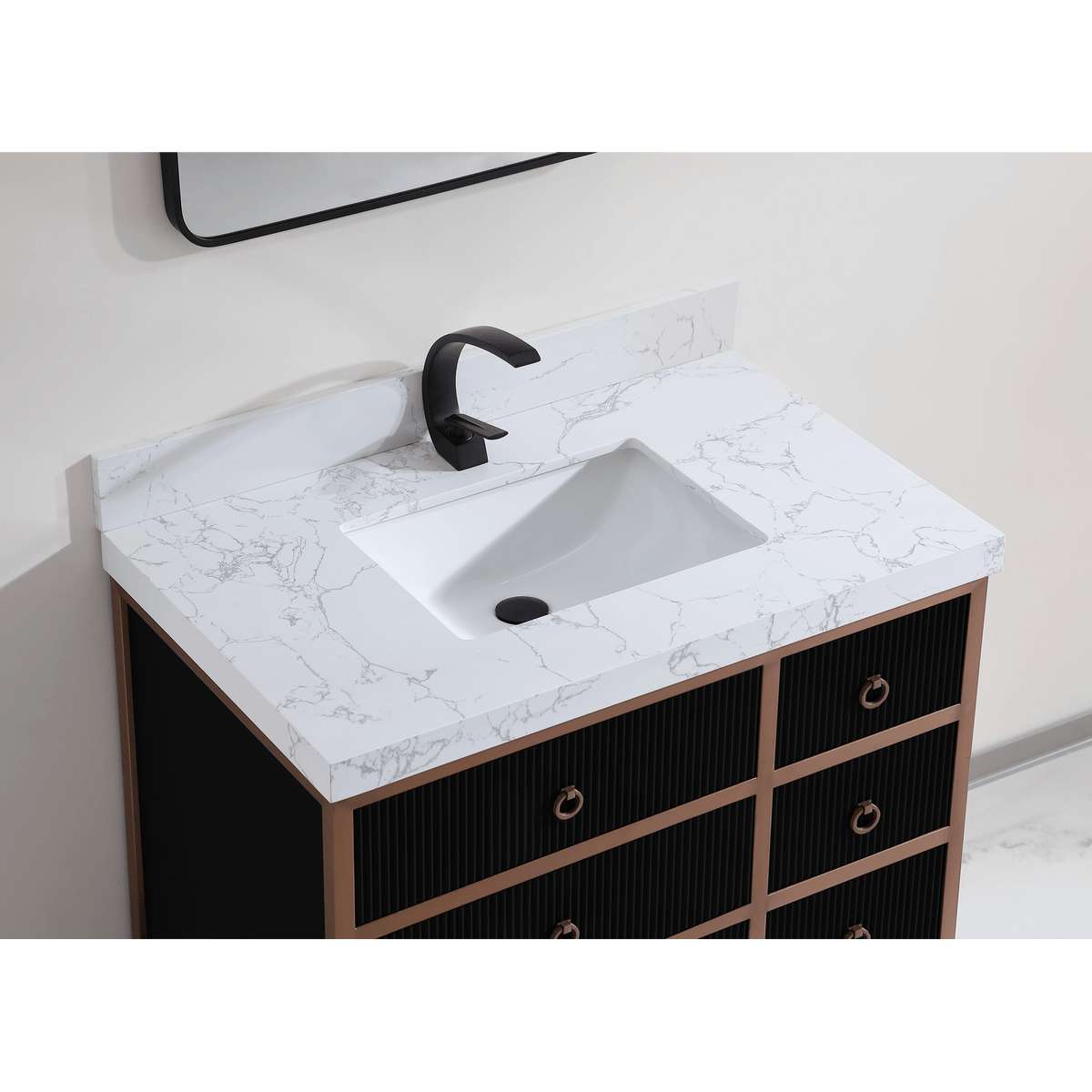Legion Furniture 36" Vanity with Golden Brush Stainless Steel Frame and Tricorn Black Finish with 2" Thick White Artificial Stone Countertop – – –