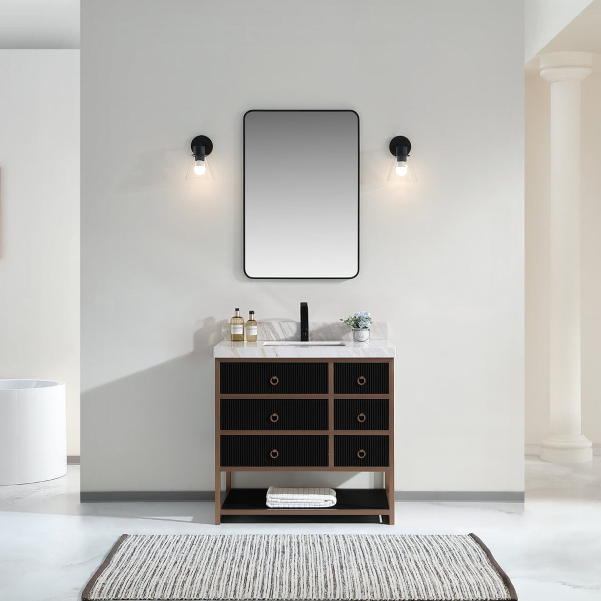 Legion Furniture 36" Vanity with Golden Brush Stainless Steel Frame and Tricorn Black Finish with 2" Thick White Artificial Stone Countertop – – –