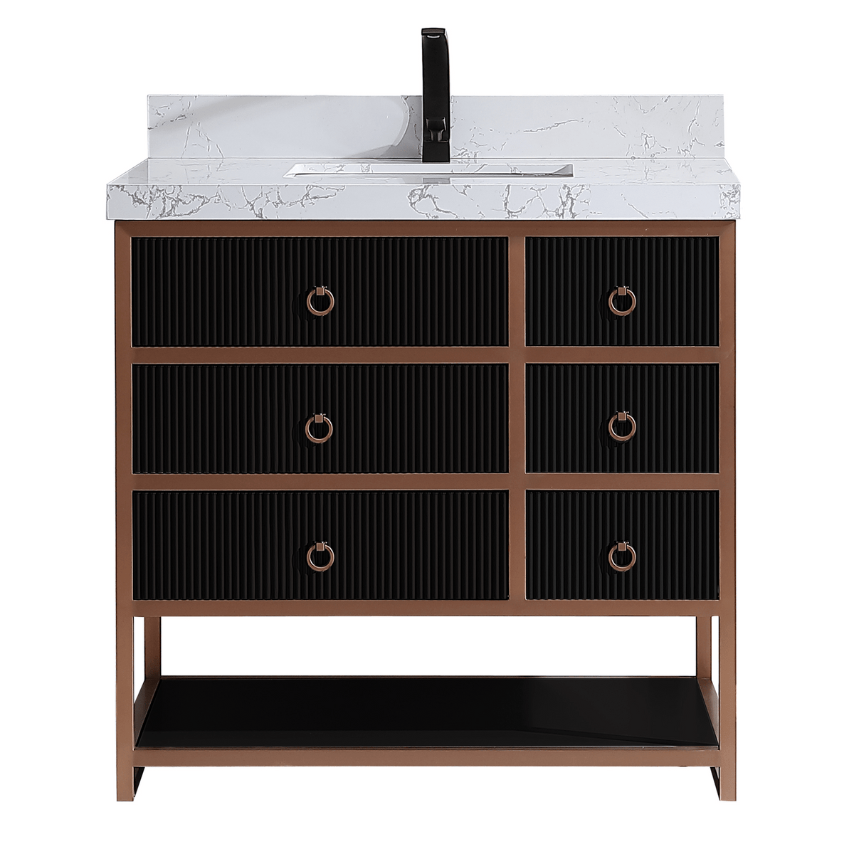 Legion Furniture 36" Vanity with Golden Brush Stainless Steel Frame and Tricorn Black Finish with 2" Thick White Artificial Stone Countertop – – –