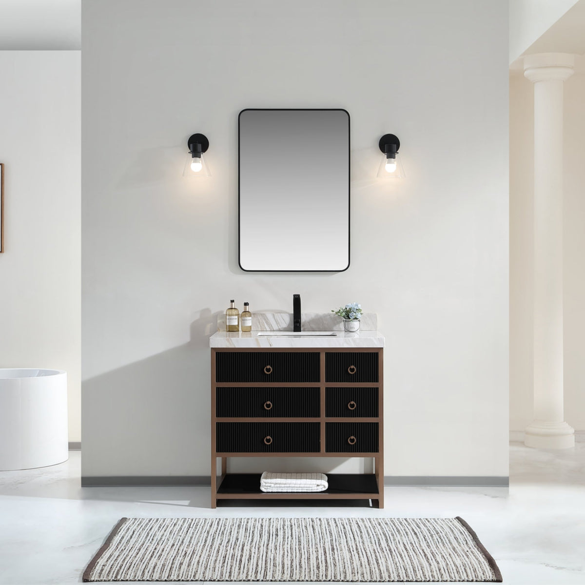 Legion Furniture 36" Vanity with Golden Brush Stainless Steel Frame and Tricorn Black Finish with 2" Thick White Natural Marble Countertop – – –