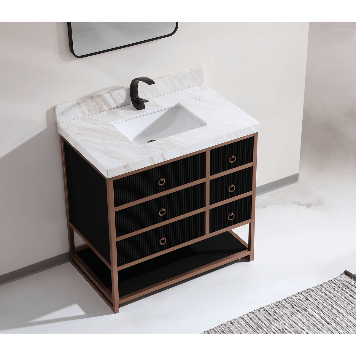 Legion Furniture 36" Vanity with Golden Brush Stainless Steel Frame and Tricorn Black Finish with 2" Thick White Natural Marble Countertop – – –