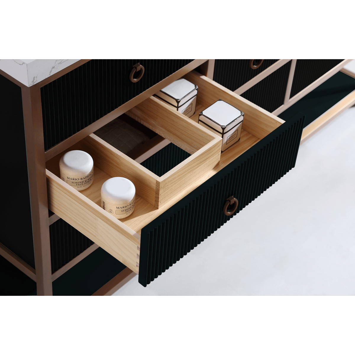 Legion Furniture 36" Vanity with Golden Brush Stainless Steel Frame and Tricorn Black Finish with 2" Thick White Natural Marble Countertop – – –