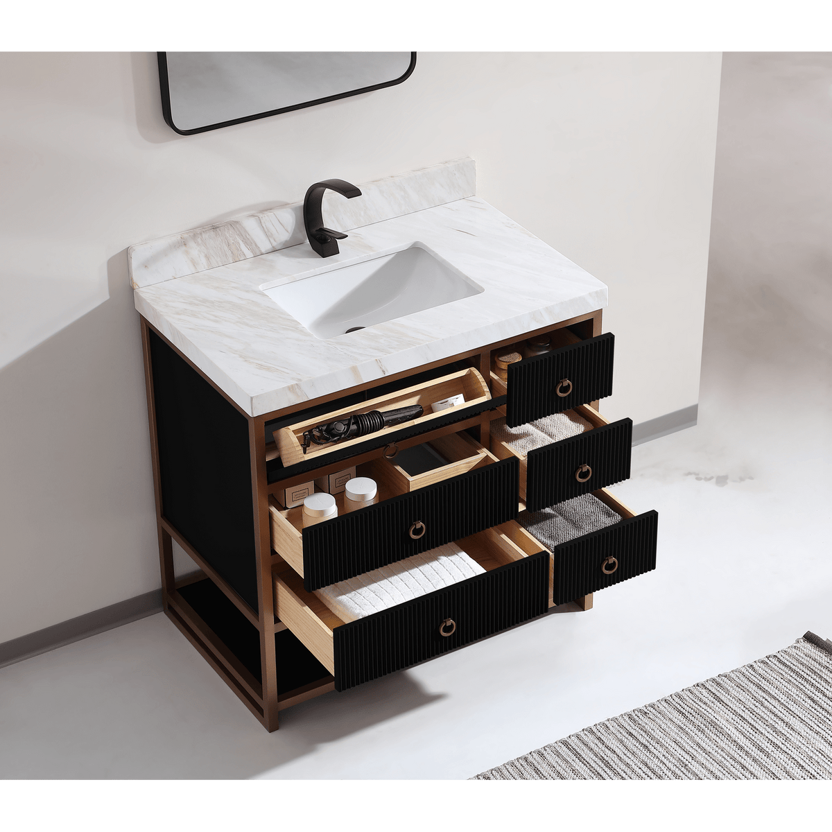 Legion Furniture 36" Vanity with Golden Brush Stainless Steel Frame and Tricorn Black Finish with 2" Thick White Natural Marble Countertop – – –