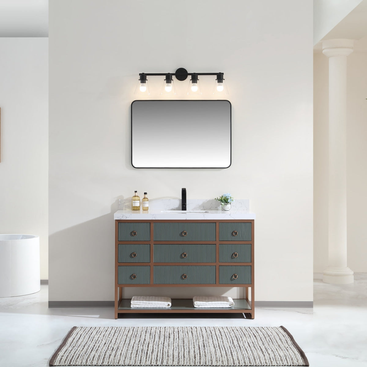 Legion Furniture 48" Vanity with Golden Brush Stainless Steel Frame and Pewter Green Finish with 2" Thick White Artificial Stone Countertop – – –