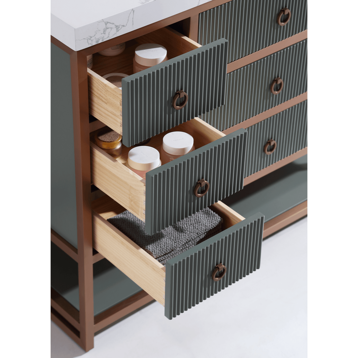 Legion Furniture 48" Vanity with Golden Brush Stainless Steel Frame and Pewter Green Finish with 2" Thick White Artificial Stone Countertop – – –