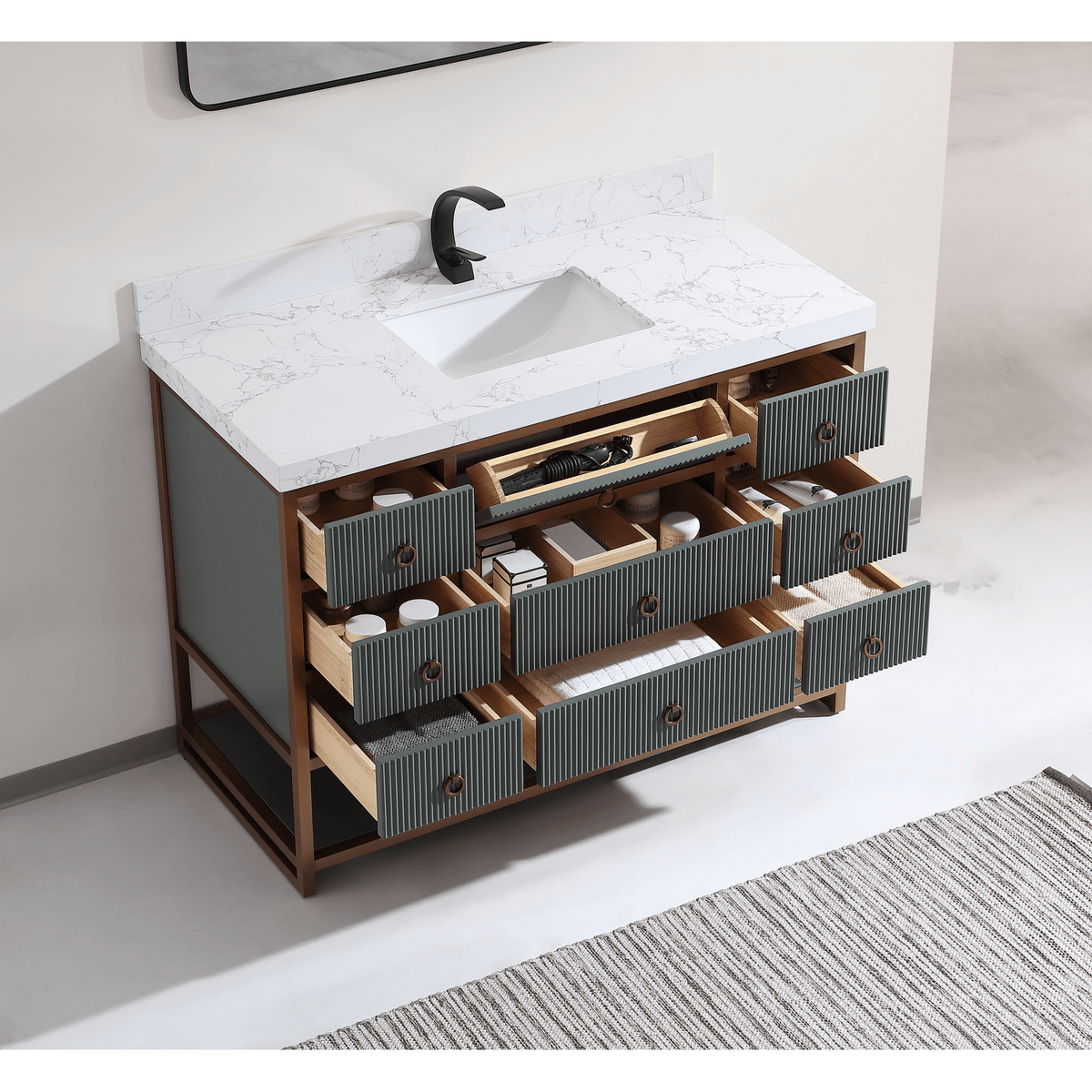 Legion Furniture 48" Vanity with Golden Brush Stainless Steel Frame and Pewter Green Finish with 2" Thick White Artificial Stone Countertop – – –