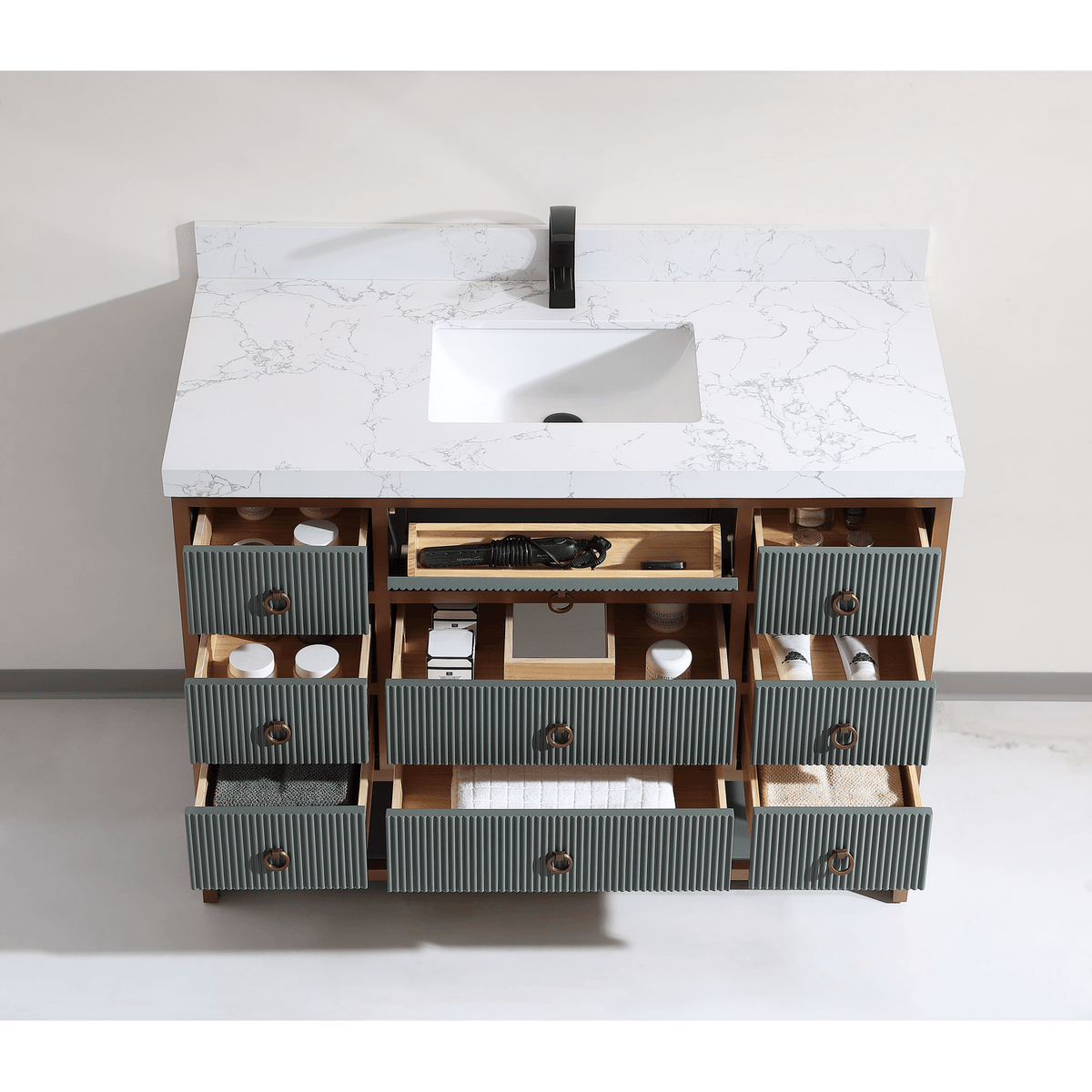 Legion Furniture 48" Vanity with Golden Brush Stainless Steel Frame and Pewter Green Finish with 2" Thick White Artificial Stone Countertop – – –