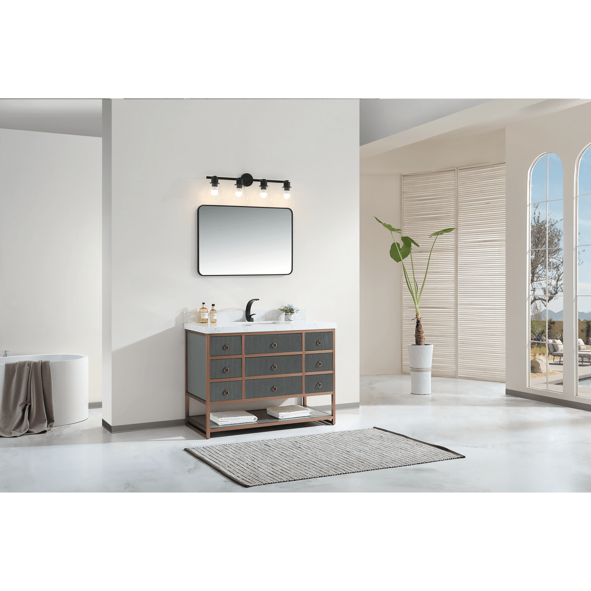 Legion Furniture 48" Vanity with Golden Brush Stainless Steel Frame and Pewter Green Finish with 2" Thick White Artificial Stone Countertop – – –