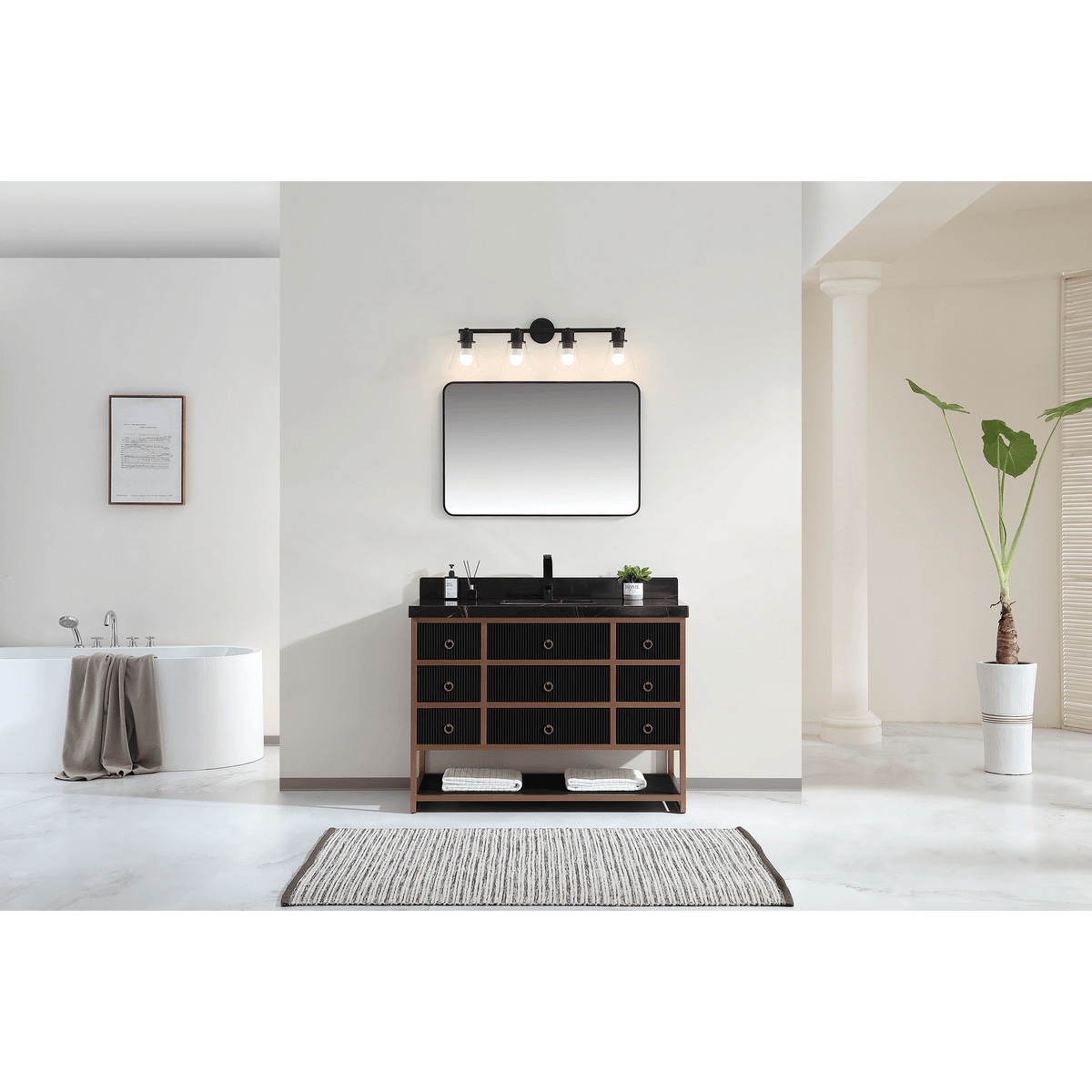 Legion Furniture 48" Vanity with Golden Brush Stainless Steel Frame and Tricorn Black Finish with 2" Thick Black Natural Marble Countertop – – –