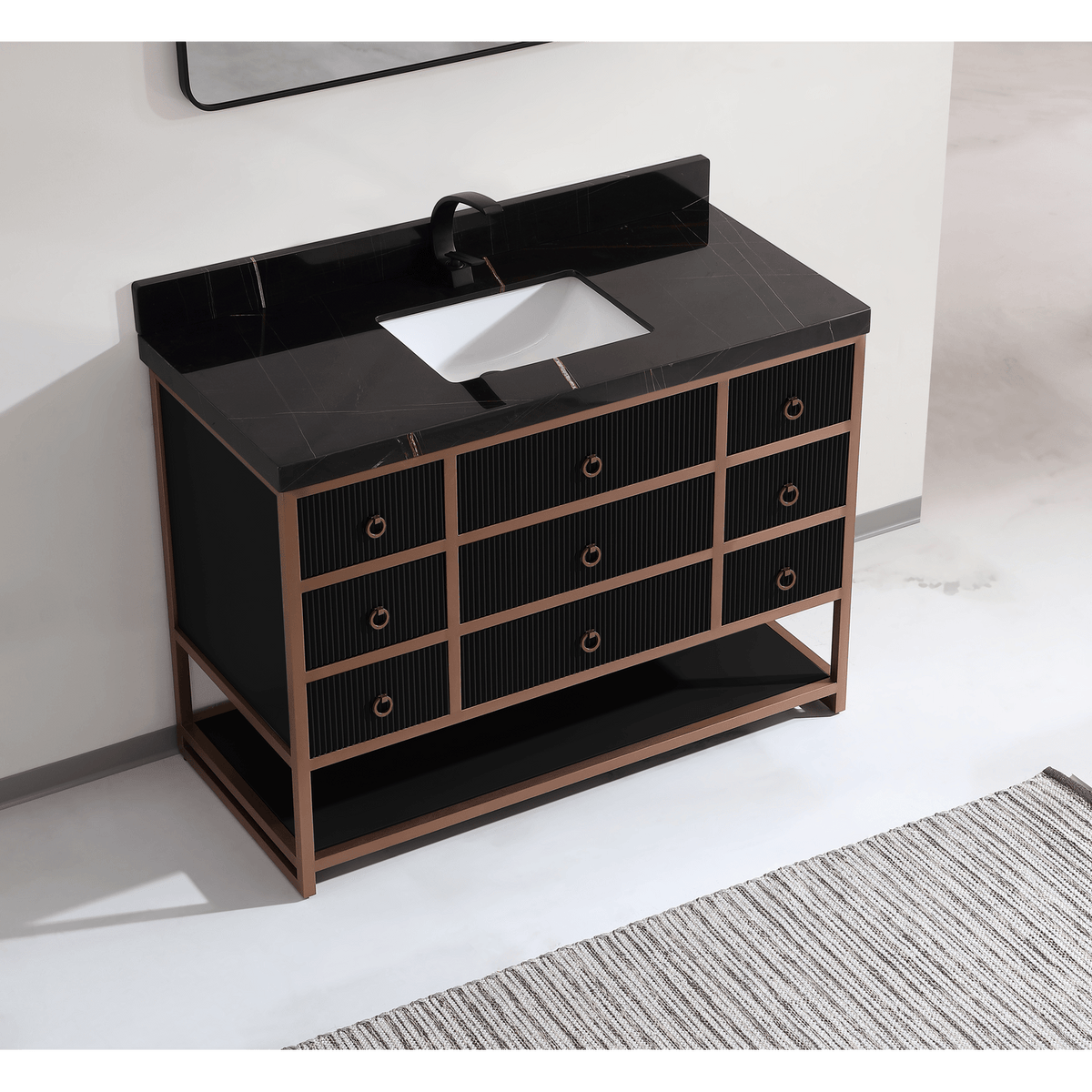 Legion Furniture 48" Vanity with Golden Brush Stainless Steel Frame and Tricorn Black Finish with 2" Thick Black Natural Marble Countertop – – –