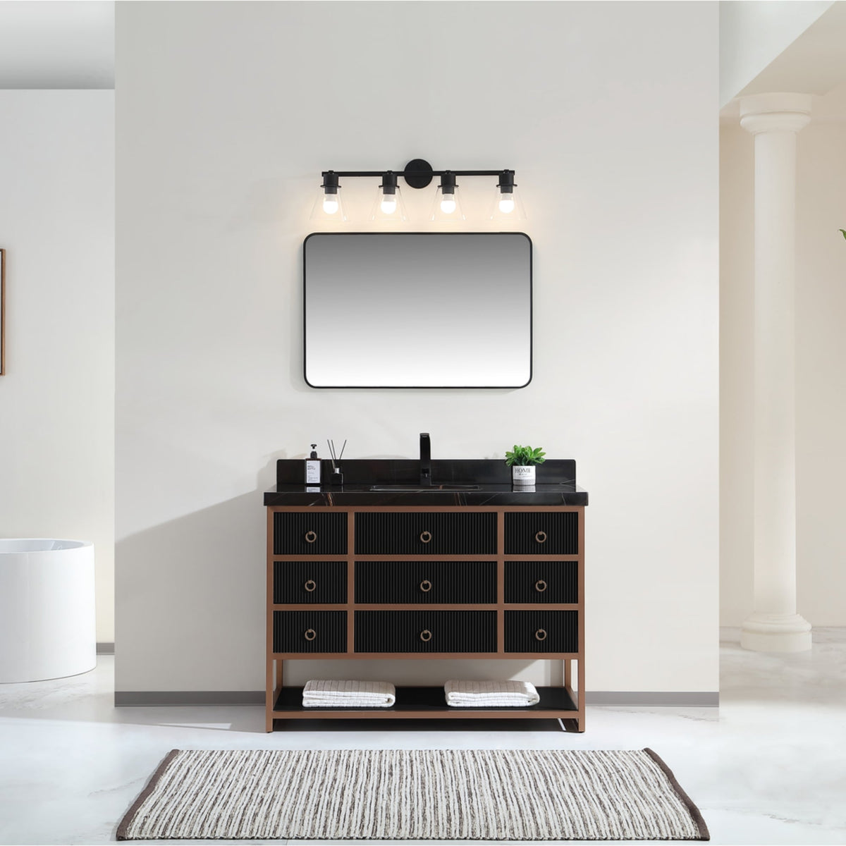 Legion Furniture 48" Vanity with Golden Brush Stainless Steel Frame and Tricorn Black Finish with 2" Thick Black Natural Marble Countertop – – –