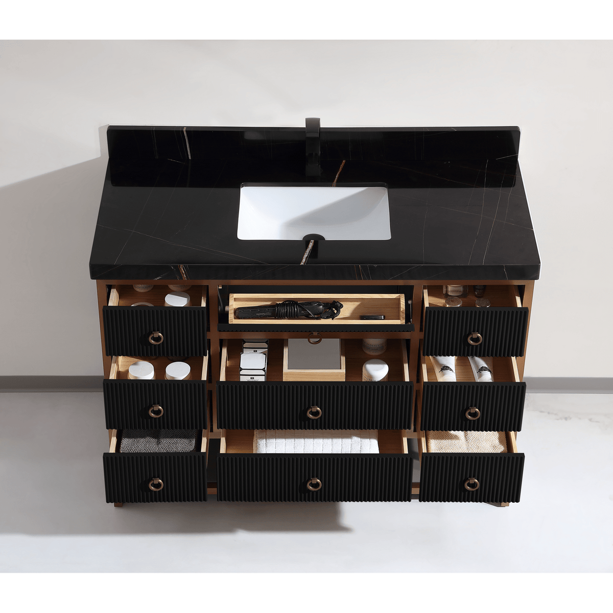 Legion Furniture 48" Vanity with Golden Brush Stainless Steel Frame and Tricorn Black Finish with 2" Thick Black Natural Marble Countertop – – –