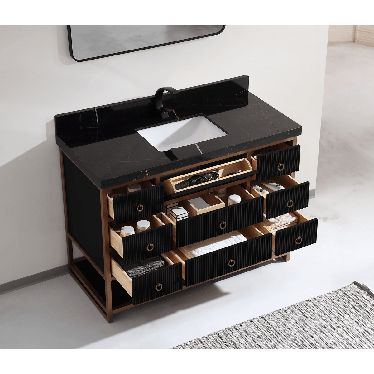 Legion Furniture 48" Vanity with Golden Brush Stainless Steel Frame and Tricorn Black Finish with 2" Thick Black Natural Marble Countertop – – –