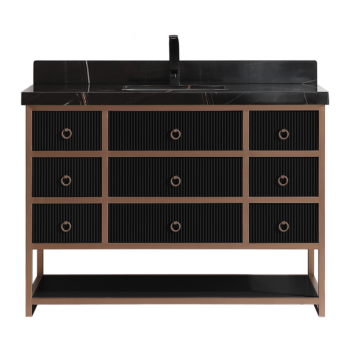 Legion Furniture 48" Vanity with Golden Brush Stainless Steel Frame and Tricorn Black Finish with 2" Thick Black Natural Marble Countertop – – –