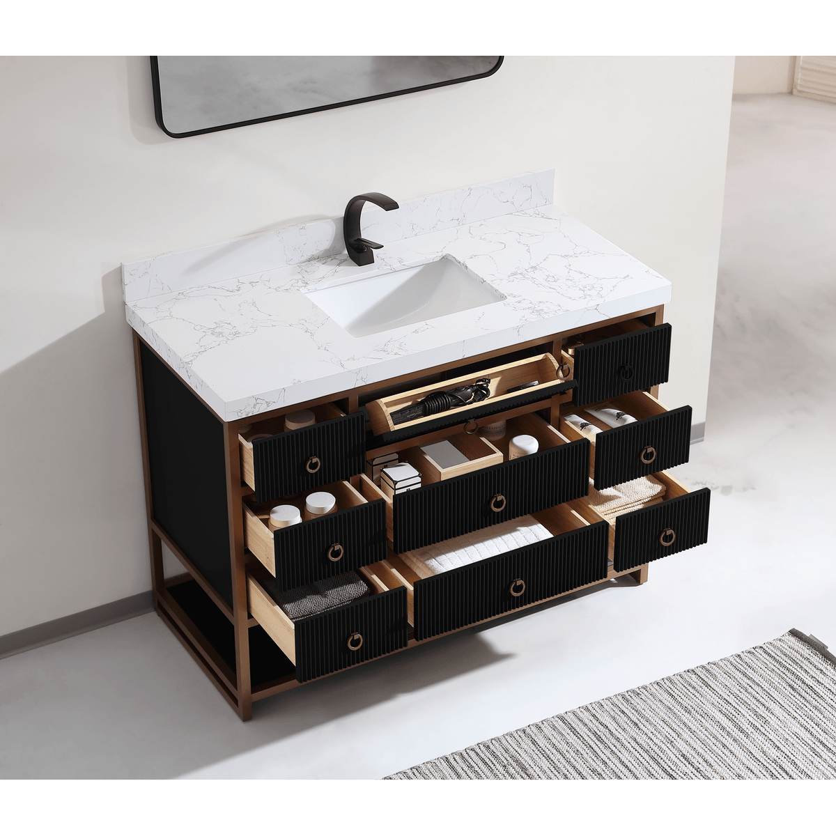 Legion Furniture 48" Vanity with Golden Brush Stainless Steel Frame and Tricorn Black Finish with 2" Thick White Artificial Stone Countertop – – –