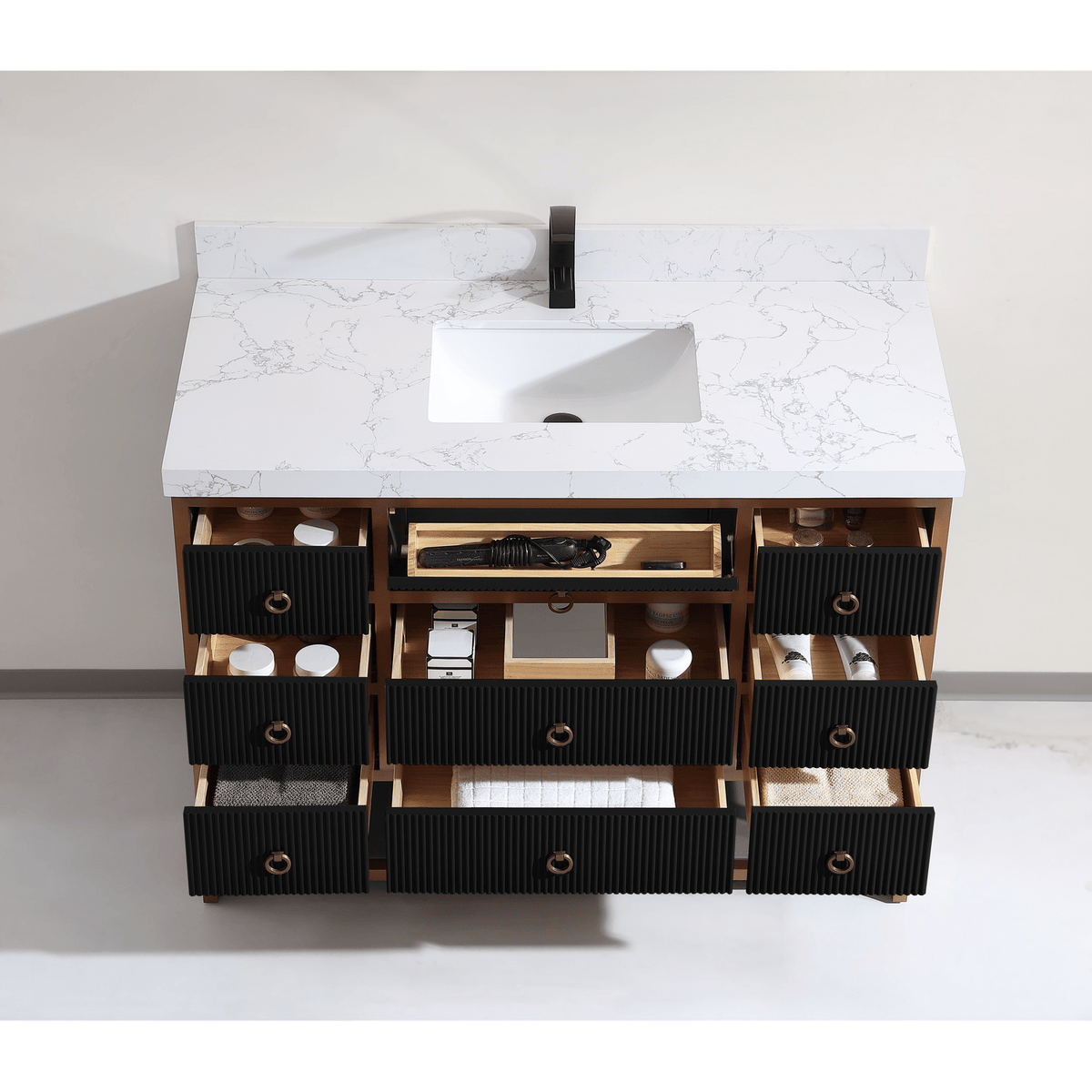 Legion Furniture 48" Vanity with Golden Brush Stainless Steel Frame and Tricorn Black Finish with 2" Thick White Artificial Stone Countertop – – –