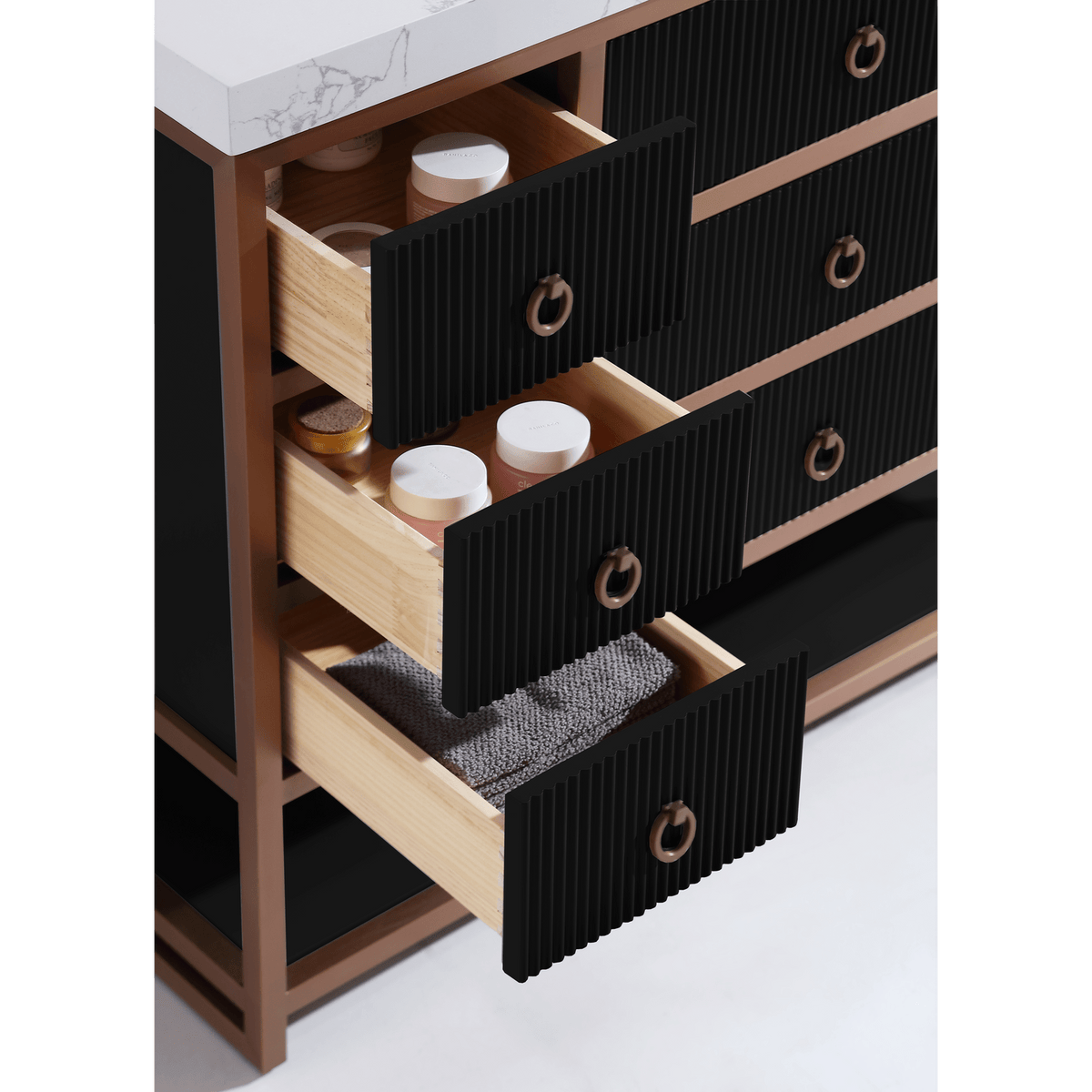 Legion Furniture 48" Vanity with Golden Brush Stainless Steel Frame and Tricorn Black Finish with 2" Thick White Artificial Stone Countertop – – –