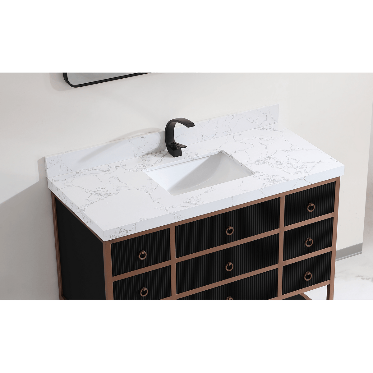 Legion Furniture 48" Vanity with Golden Brush Stainless Steel Frame and Tricorn Black Finish with 2" Thick White Artificial Stone Countertop – – –