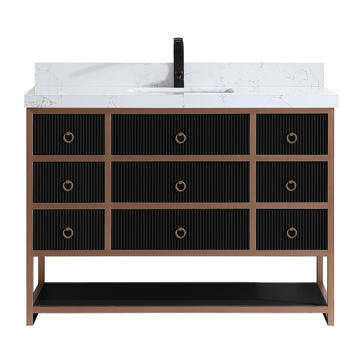 Legion Furniture 48" Vanity with Golden Brush Stainless Steel Frame and Tricorn Black Finish with 2" Thick White Artificial Stone Countertop – – –