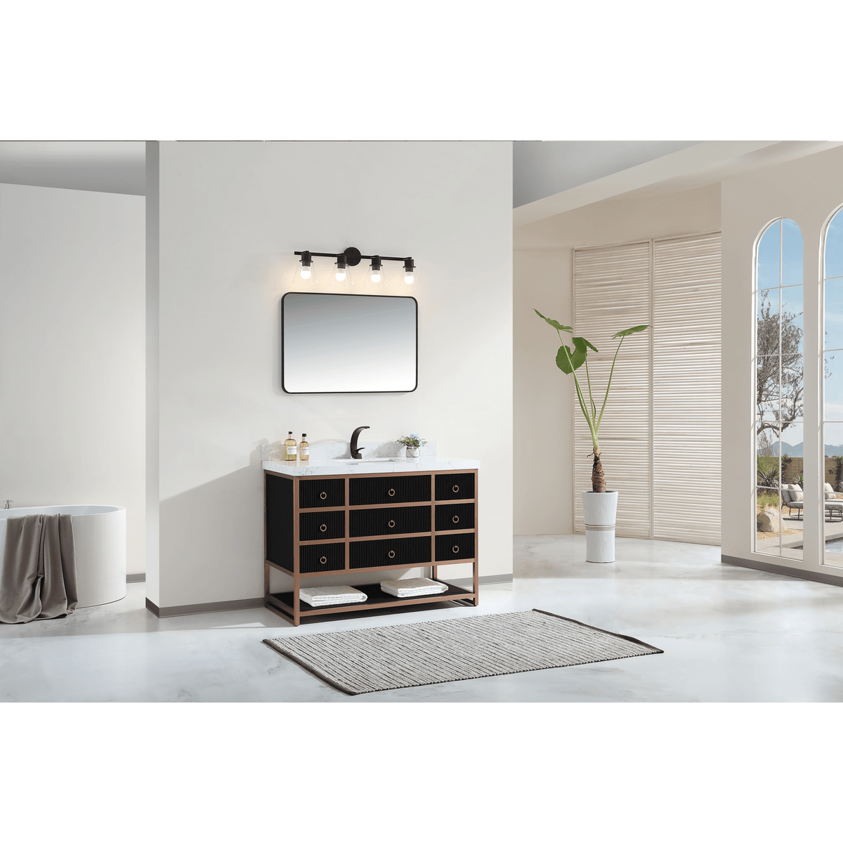 Legion Furniture 48" Vanity with Golden Brush Stainless Steel Frame and Tricorn Black Finish with 2" Thick White Artificial Stone Countertop – – –