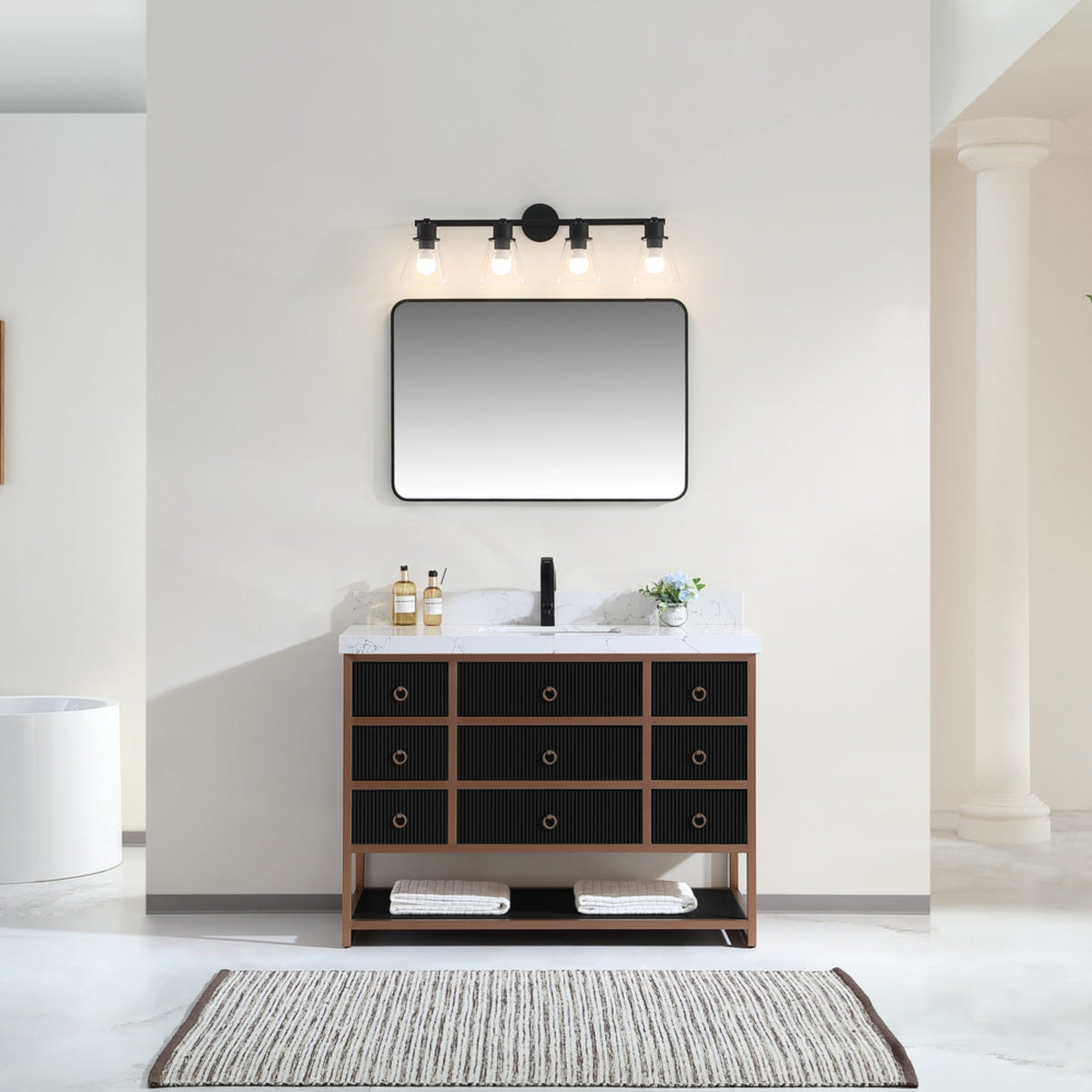 Legion Furniture 48" Vanity with Golden Brush Stainless Steel Frame and Tricorn Black Finish with 2" Thick White Artificial Stone Countertop – – –