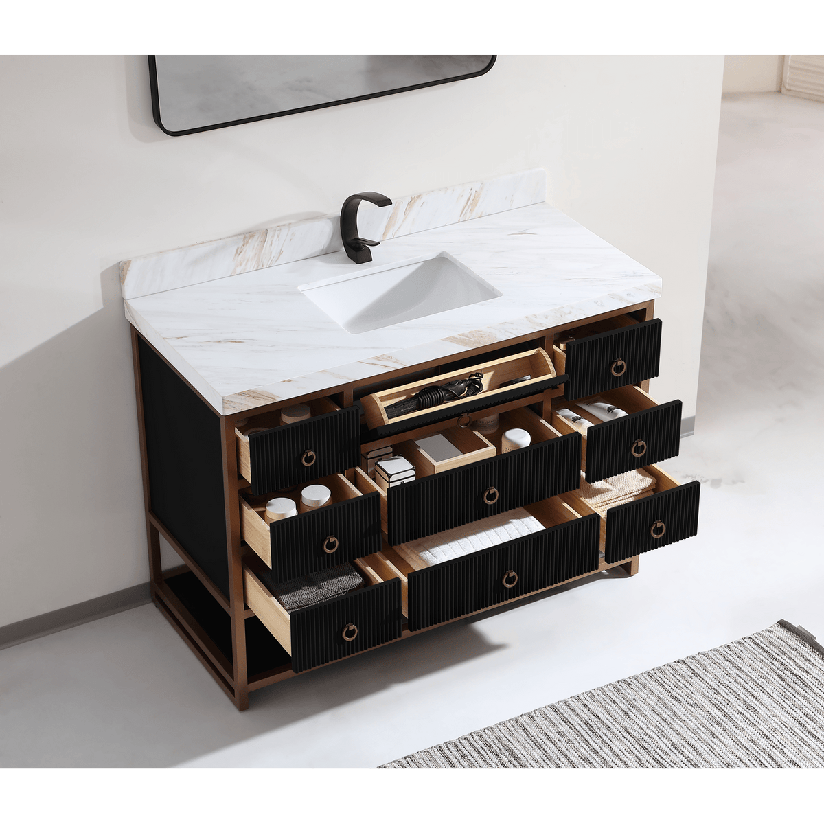 Legion Furniture 48" Vanity with Golden Brush Stainless Steel Frame and Tricorn Black Finish with 2" Thick White Natural Marble Countertop – – –