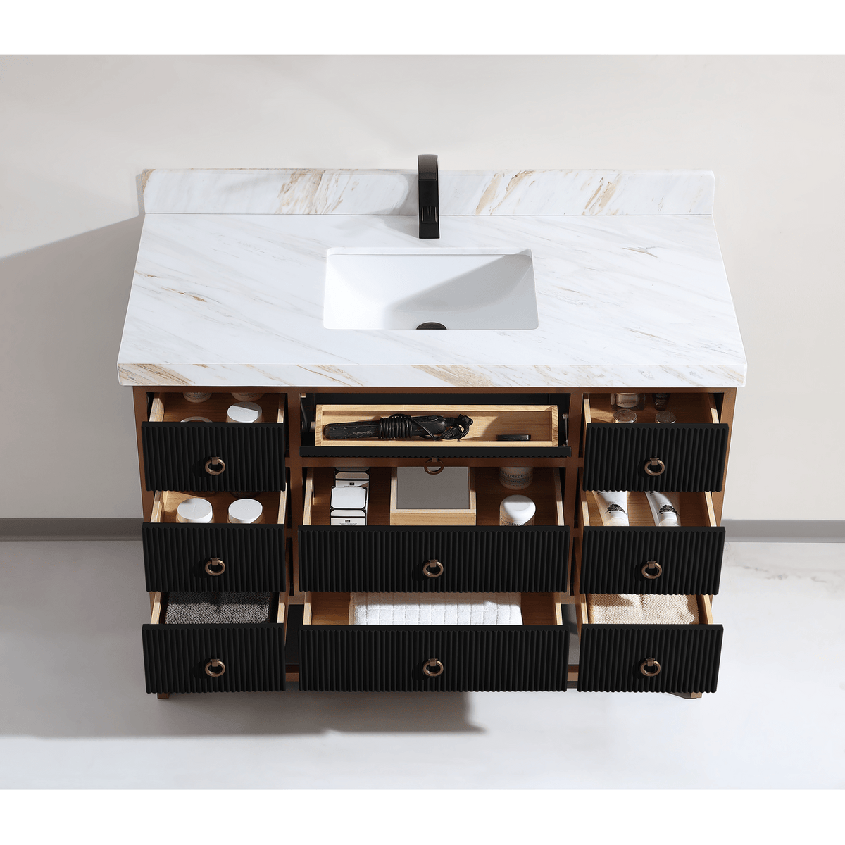 Legion Furniture 48" Vanity with Golden Brush Stainless Steel Frame and Tricorn Black Finish with 2" Thick White Natural Marble Countertop – – –