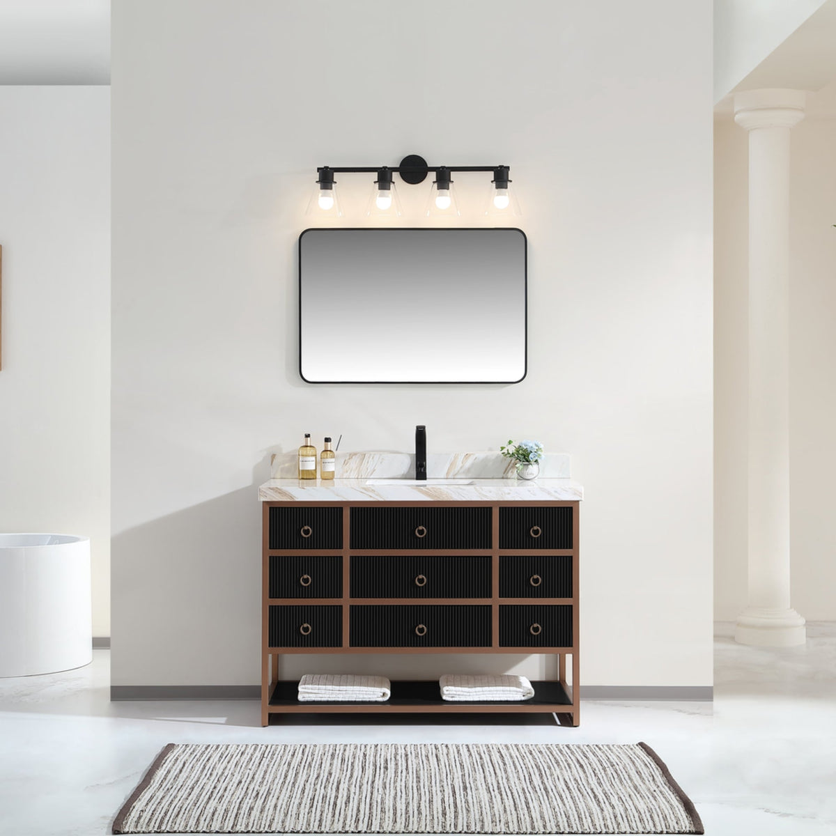 Legion Furniture 48" Vanity with Golden Brush Stainless Steel Frame and Tricorn Black Finish with 2" Thick White Natural Marble Countertop – – –