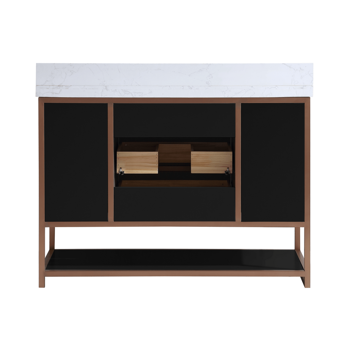 Legion Furniture 48" Vanity with Golden Brush Stainless Steel Frame and Tricorn Black Finish with 2" Thick White Natural Marble Countertop – – –