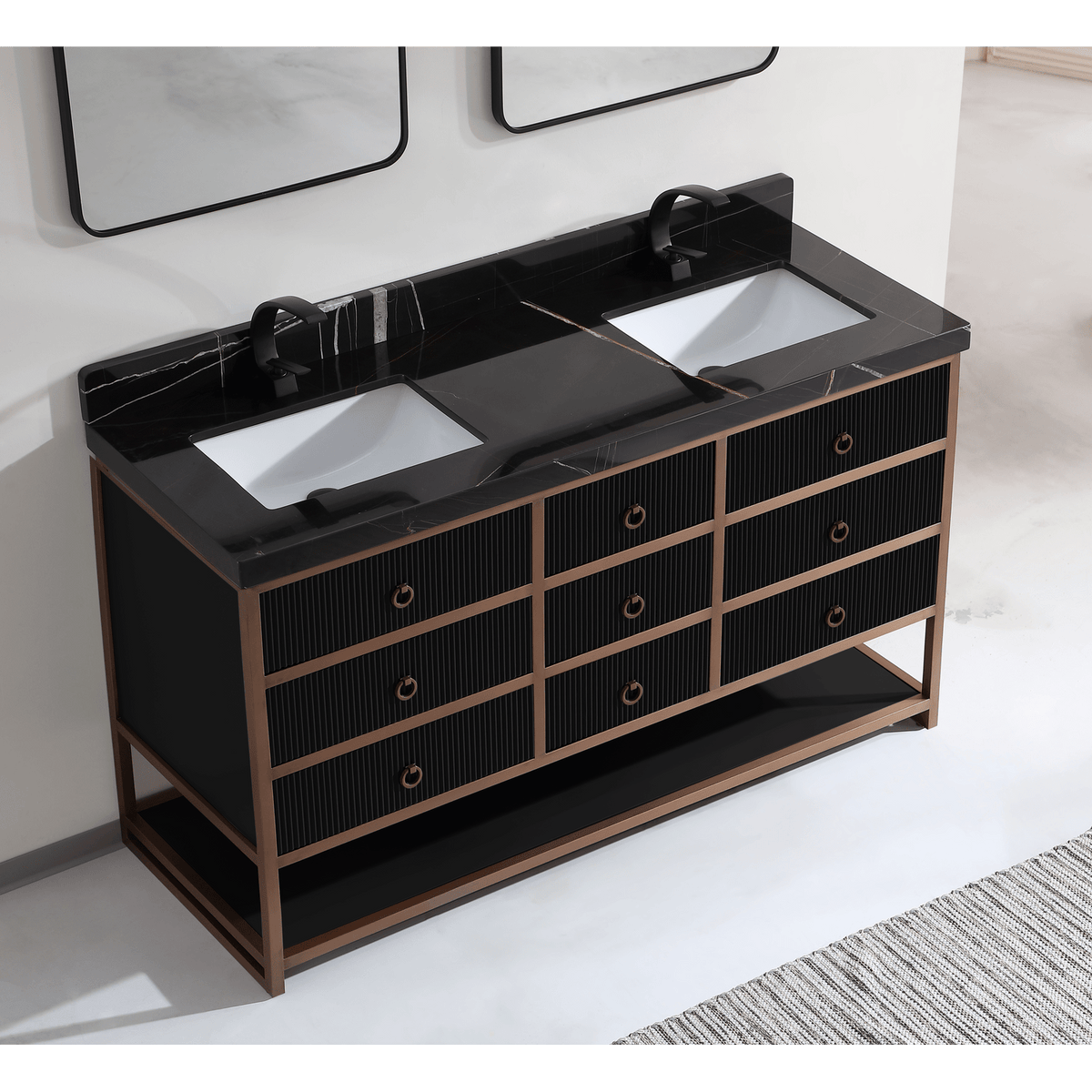 Legion Furniture 60" Double Vanity with Golden Brush Stainless Steel Frame and Tricorn Black Finish with 2" Thick Black Natural Marble Countertop – – –