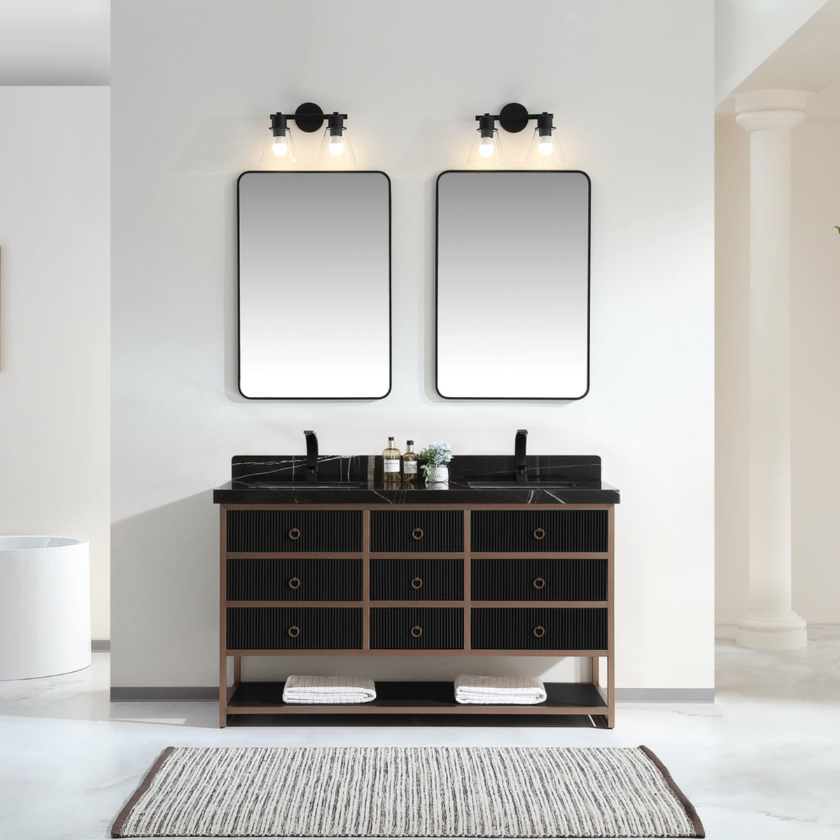 Legion Furniture 60" Double Vanity with Golden Brush Stainless Steel Frame and Tricorn Black Finish with 2" Thick Black Natural Marble Countertop – – –