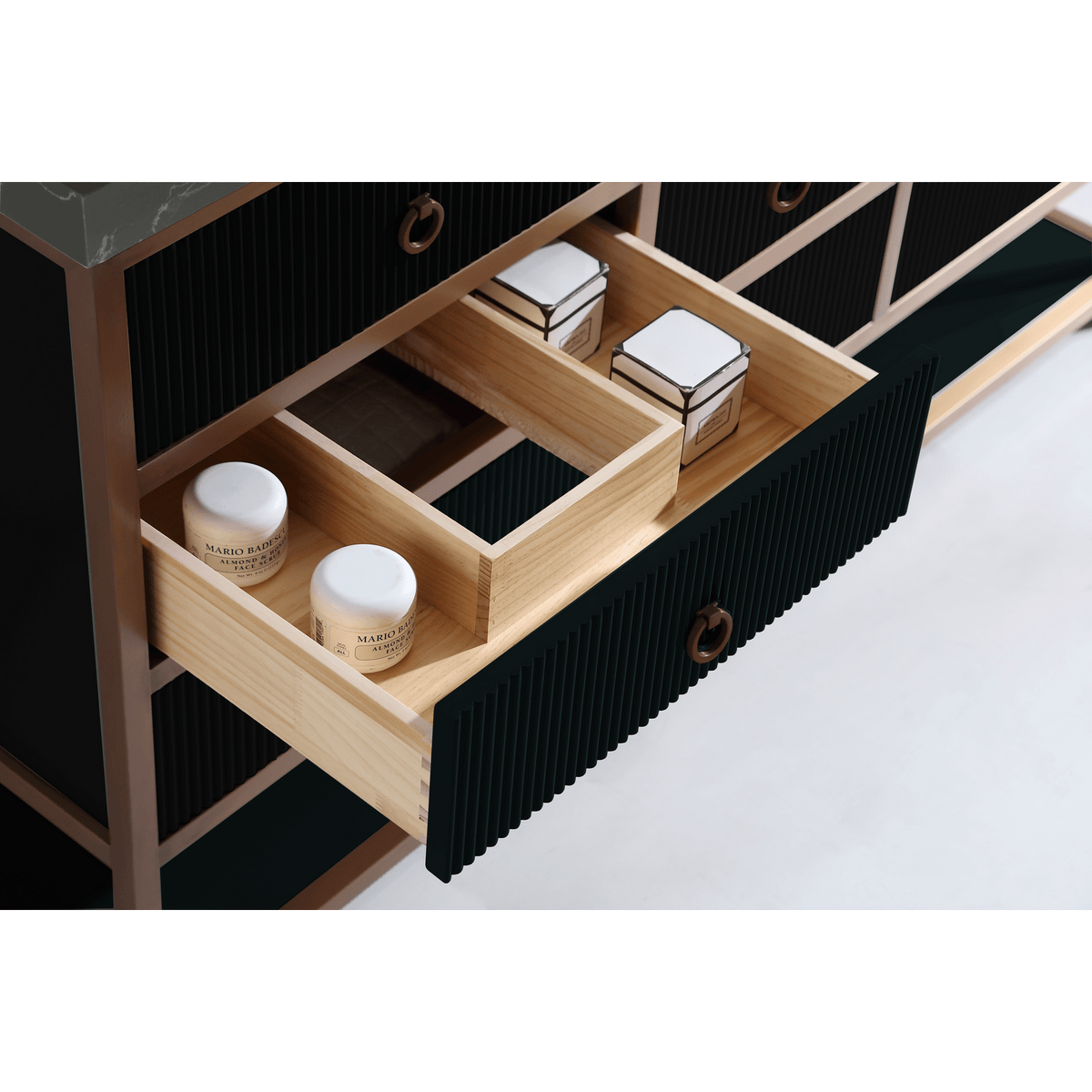 Legion Furniture 60" Double Vanity with Golden Brush Stainless Steel Frame and Tricorn Black Finish with 2" Thick Black Natural Marble Countertop – – –