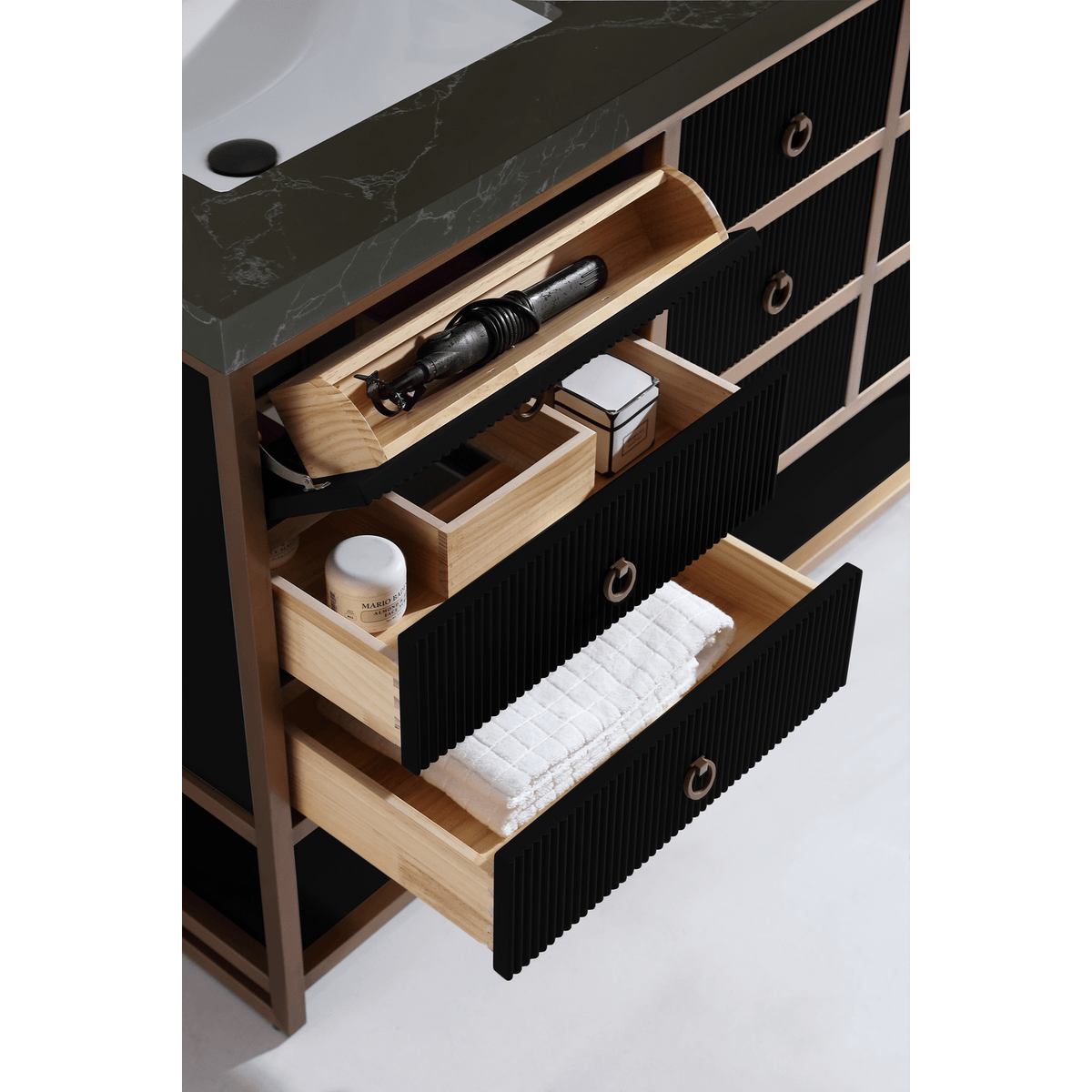 Legion Furniture 60" Double Vanity with Golden Brush Stainless Steel Frame and Tricorn Black Finish with 2" Thick Black Natural Marble Countertop – – –