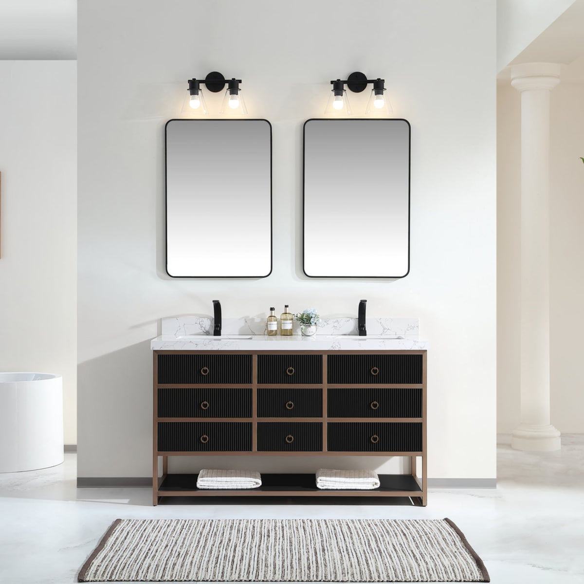 Legion Furniture 60" Double Vanity with Golden Brush Stainless Steel Frame and Tricorn Black Finish with 2" Thick White Artificial Stone Countertop – – –